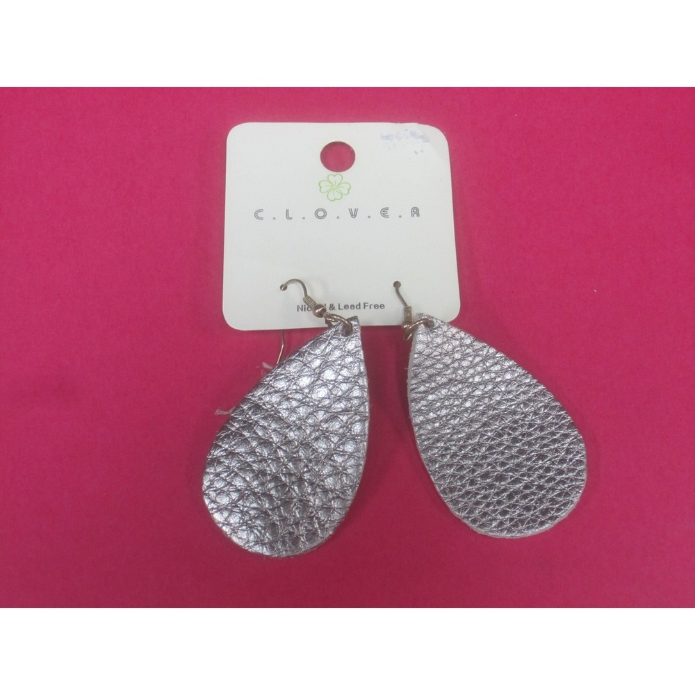 C.L.O.V.E.R Earrings Silver Faux Leather Teardrop Dangle Drop Hook Womens‎ Boho